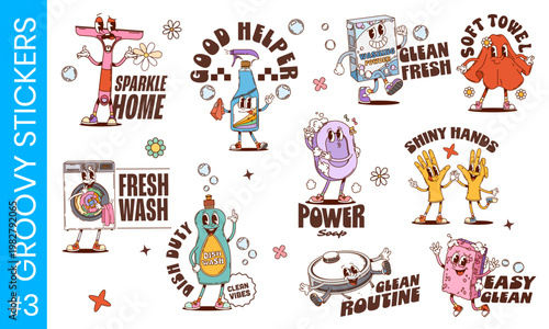 Y2K groovy housing and cleaning tools funky stickers and labels. Smiley bar of soap, funky robot vacuum, sponge, dish soap, washing machine, and rubber gloves vector stickers, quirky kitchen decor
