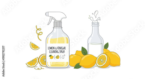 Natural Lemon and Vinegar Cleaning Spray with Fresh Lemons and Leaves