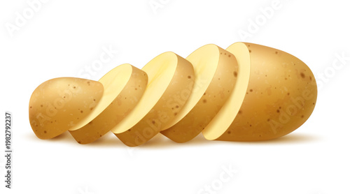 Realistic raw sliced potato vegetable. Isolated 3d vector fresh, brown unpeeled veg with smooth texture and circular cuts, highlights food preparation process, cooking ingredients and natural produce