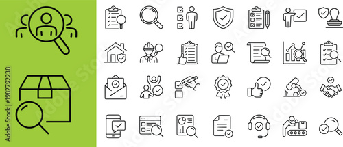 Collection of quality control, line icons, including checks product, evaluation, testing, quality assurance, certification, check and more.eps