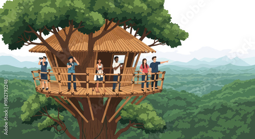 Diverse group of people enjoying scenic views from a treehouse in a lush forest