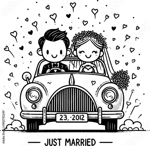 Newlywed Joyride: A charming cartoon depicts a just-married couple joyfully riding off in a classic car, surrounded by floating hearts, celebrating their union and the beginning of their journey.