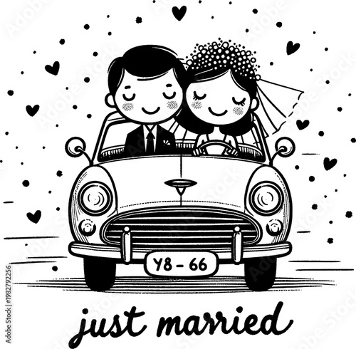 Just Married Couple in a Classic Car: A charming illustration captures the blissful moment of a newlywed couple in a vintage car, surrounded by hearts and the promise of a joyful journey ahead.