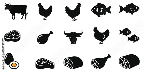 Collection of black and white icons depicting various animals and meats