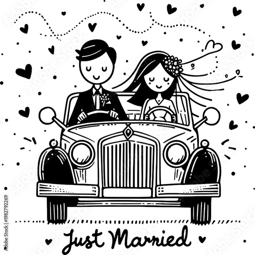 Just Married: A charming cartoon couple, adorned in wedding attire, embark on their happily-ever-after journey in a vintage car, surrounded by hearts and the promise of a bright future.