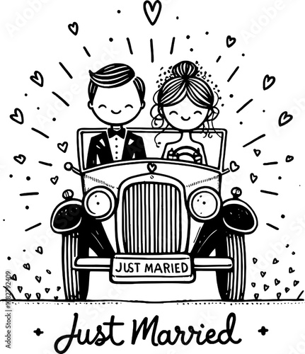 Just Married Couple in Vintage Car: A joyful couple embarks on their journey in a classic car, surrounded by hearts and rays of happiness, celebrating the start of their new life together.