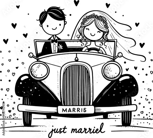 Just Married: A charming cartoon couple embarks on their next chapter, joyfully seated in a classic car, embraced by a shower of hearts.