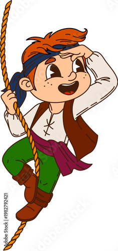 Swinging on rope boy kid pirate sailor cartoon funny character. Corsair boatswain cute mascot, kid pirate crew skipper happy vector character. Filibuster sailor looking in distance boy personage