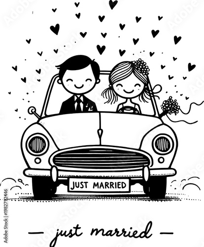Joyful Journey: An illustration of a newlywed couple in a classic car, driving off into the future filled with love and heart. A whimsical design for wedding celebrations.