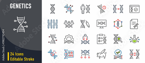Genetics icons set, DNA, chromosome, gene, laboratory, research, science, editable stroke