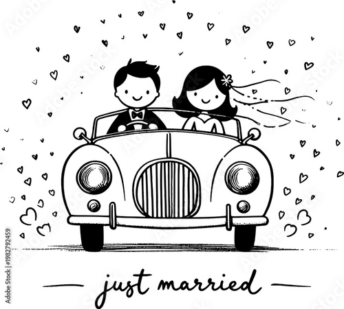 Newlyweds' Journey: A joyful couple embarks on their new life adventure, riding in a charming vintage car, their hearts and the air around them filled with love and celebration.
