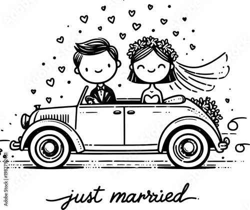 Just Married Joyride: Charming illustration of a newly wedded couple joyfully embarking on their first journey together in a classic car, surrounded by hearts and the promise of a shared future.