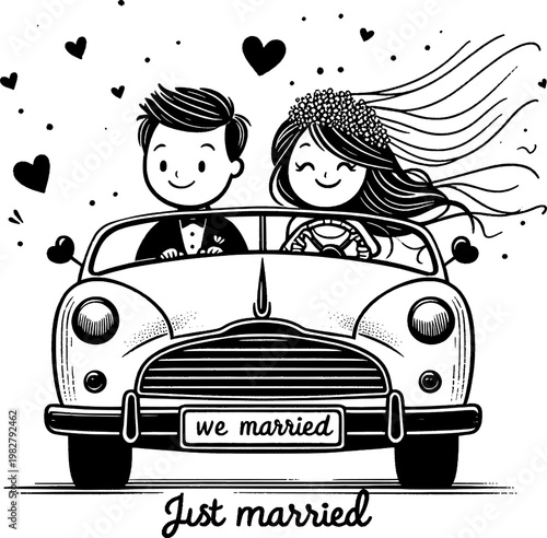 Love in Transit: An endearing illustration depicts a newlywed couple embarking on their journey of togetherness in a vintage car, surrounded by floating hearts.
