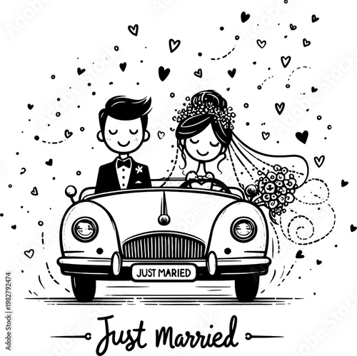 Eternal Journey: The newly married couple sets forth on a life-long journey of love and commitment, riding in a vintage car adorned with hearts and the words Just Married.