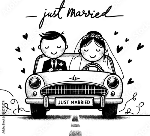Just Married: Embarking on a new adventure, a newlywed couple drives off into the sunset in a vintage car, surrounded by hearts and the promise of forever.