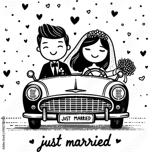 Wedding Day Drive: A newlywed couple embarks on a joyful journey in a classic car, surrounded by the sweet symbols of love. The moment is sketched with tenderness.