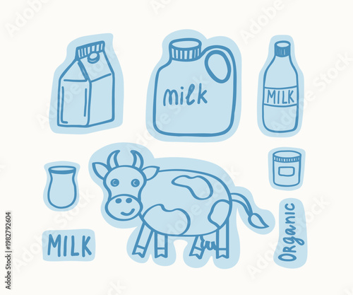 Dairy products. Organic farming. Cow character alongside diverse milk packaging. Vector illustration on isolated background. Aesthetic and  sticker effect. Design for label, card, wrapping, icon