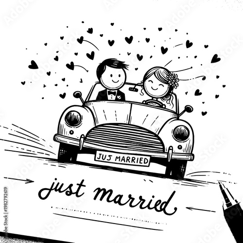 Newlyweds' Joyride: An illustration depicting a happy couple embarking on their journey together after getting married, joyfully driving off in a vintage car filled with love and anticipation.