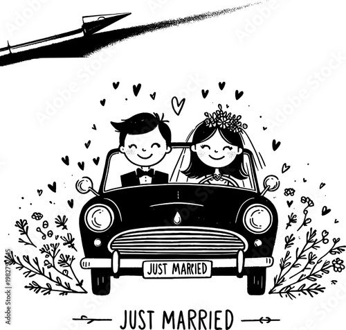 Newlyweds' Joy Ride: A charming illustration captures the essence of marital bliss as a happy couple embarks on their first journey together in a classic car.