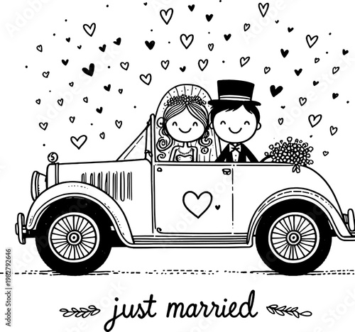 Wedding Day Bliss: Charming illustration of a newlywed couple joyfully embarking on their journey together in a classic vintage car, surrounded by floating hearts, with just married text.
