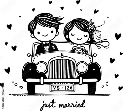 Wedding Car Cartoon: A newlywed couple embarks on their journey in a classic car adorned with hearts, their happiness radiating in every detail.