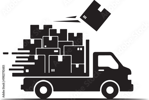 Moving truck with falling boxes silhouette graphic design