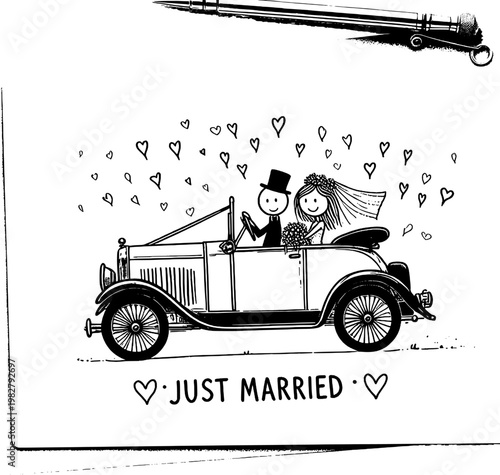 Vintage Wedding Car: A charming illustration depicts a newlywed couple joyfully driving a classic convertible, their hearts soaring with love and happiness.