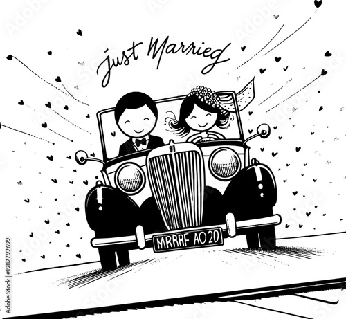 Just Married: A charming illustration depicts a newlywed couple joyfully riding in a classic car, surrounded by hearts and the words Just Married, symbolizing a blissful beginning.