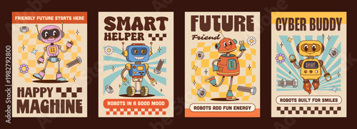 Robots and droids characters Y2K groovy hippie posters and funky banners, cartoon vector. Funny groovy retro robots, funky droids and cyber bots with happy faces and mechanic tools or wrenches