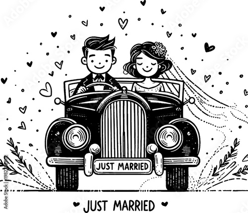 Just Married Ride: A charming couple embarks on a new chapter in their lives, joyfully riding off in a classic car, their hearts and the air filled with love.