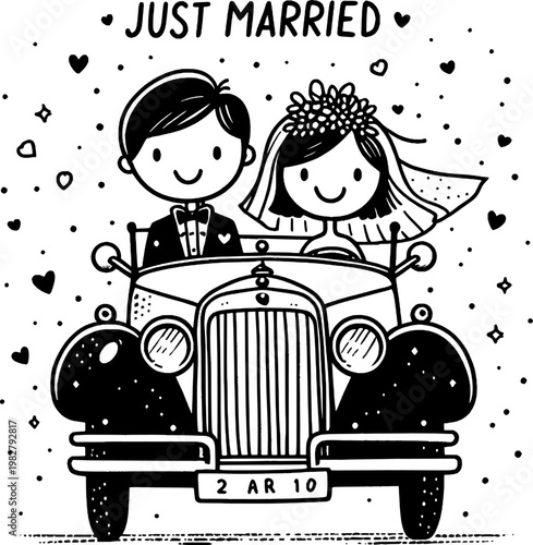 Just Married Journey: A charming black and white illustration of a newlywed couple embarking on their happily ever after, driving in a vintage car.