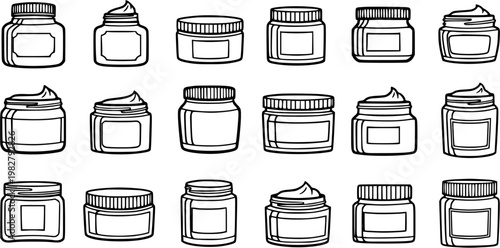 Black and White Line Art Set of Various Cosmetic Cream Jars and Containers