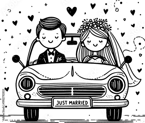 Just Married Couple's Joyride: Charming cartoon depicts a newlywed couple in an adorable car, embarking on a joyous adventure filled with love and heart motifs.