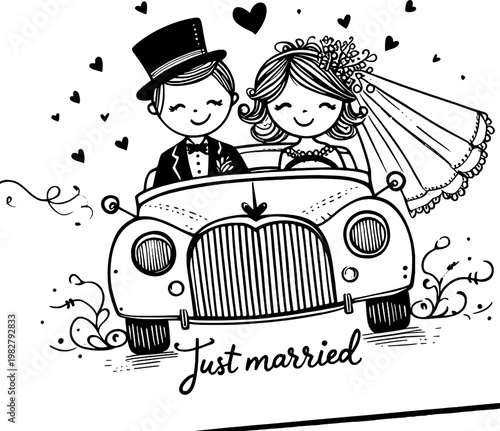 Just Married: A charming illustration depicts a newlywed couple joyfully embarking on their journey together in a classic car, embraced by love's tender touch.