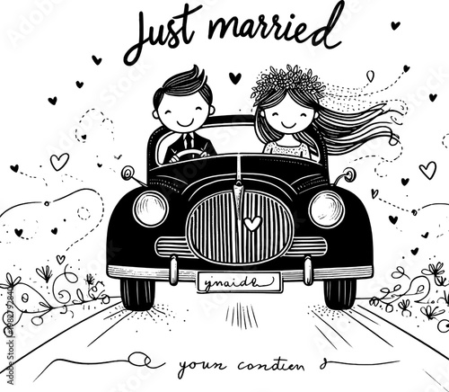 Just Married Newlyweds' Joyride: An endearing illustration depicts a newly married couple, embarking on their life's journey together in a classic car, symbolizing love, happiness, and a fresh start.