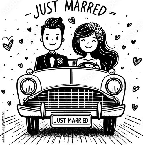 Just Married: A charming cartoon couple embarks on their honeymoon in a vintage car, surrounded by hearts. This illustration exudes happiness and celebration.
