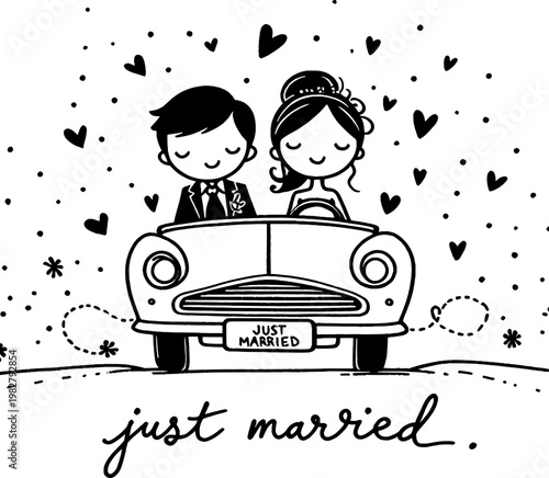 Just Married Cartoon: A sweet, hand-drawn illustration captures the essence of marital bliss, with a newlywed couple riding away in a vintage car.