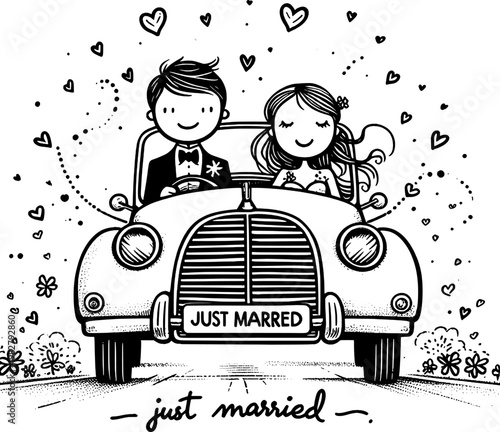 Eternal Journey: An adorable couple embarks on their forever journey in a vintage car, the heartwarming Just Married message and scattering of hearts evoking a sense of enduring love.