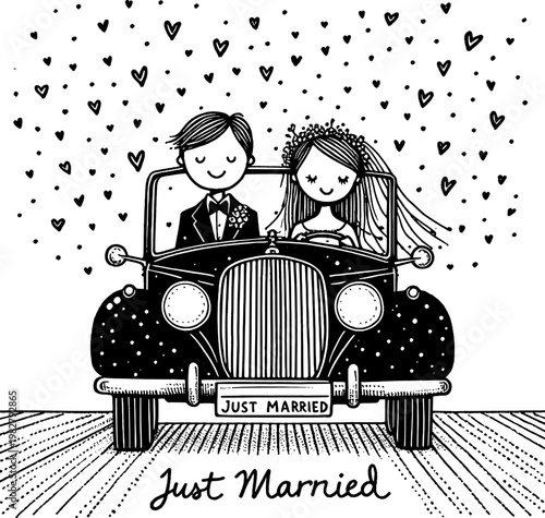 Wedding day ride : An illustration of a newly married couple joyfully embarking on a vintage car, surrounded by hearts and the promise of a shared future.