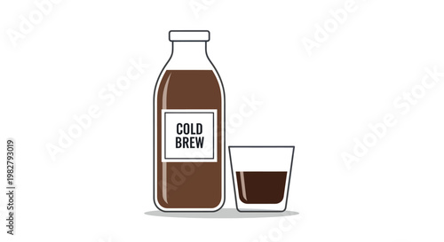 Cold Brew Coffee Bottle and Glass - Minimalist Flat Vector Illustration