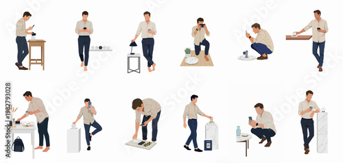 Flat vector illustration set of a male content creator and photographer taking product photos with a smartphone in various professional and casual poses.