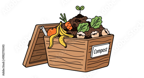 Compost bin overflowing with food scraps and a new sprout, illustration