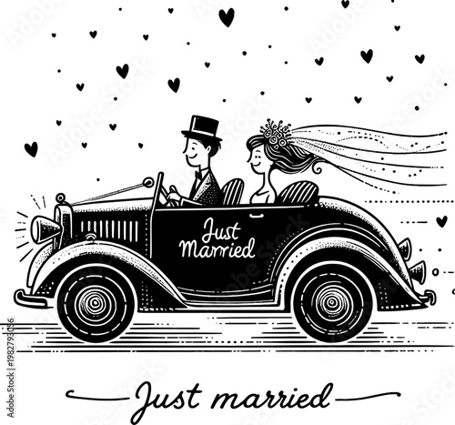 Vintage Car Romance: A charming vintage car carries a newlywed couple, with Just Married scripted on the side. The image evokes a sense of romance and celebration.
