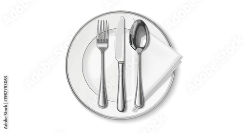 Elegant Place Setting: Fork, Knife, Spoon, and Napkin on White Plate