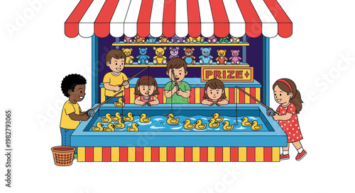 Children Playing Duck Fishing Game at Carnival Booth with Prizes