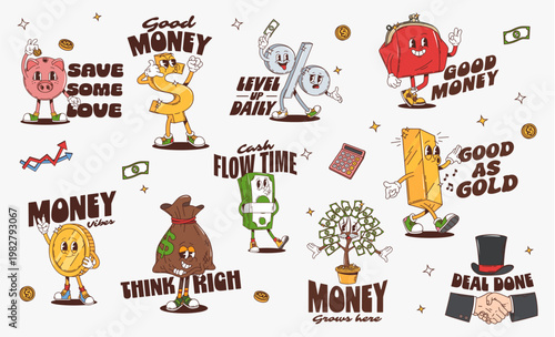 Funky y2k groovy money and business characters stickers. Vector patches Save some love, good money, level up daily, cash flow time, good as gold, money vibes, think rich, money grows here, deal done