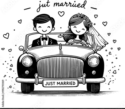 Just Married Car Illustration: An illustrated couple, radiating happiness, embark on a journey of love, riding in a classic car, surrounded by hearts and the joy of a new beginning.