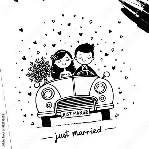 Love on Wheels: A whimsical illustration captures a newlywed couple in a classic car, driving off into their happily-ever-after.