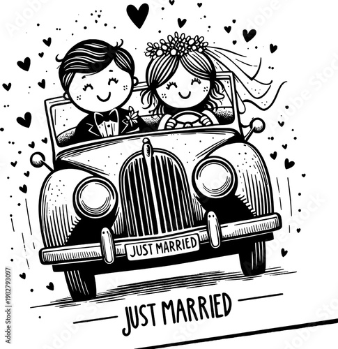 Newlyweds' Joyride: A delightful sketch of a just-married couple embarking on their journey of love, riding in a classic car, surrounded by hearts.