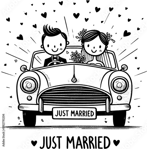 Just Married Car Illustration: A joyful illustration captures a newlywed couple in a classic car, driving off into their happily ever after, surrounded by hearts and radiating happiness.